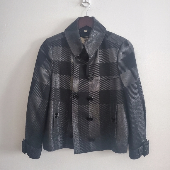 Burberry Metallic Check Pea Coat Jacket Size 8 - Picture 4 of 10